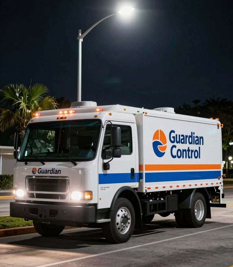 A modern Guardian Pest Control service truck stationed under a bright Cape Coral street light at night, high-contrast headlights cutting through the dark, clean professional branding visible.