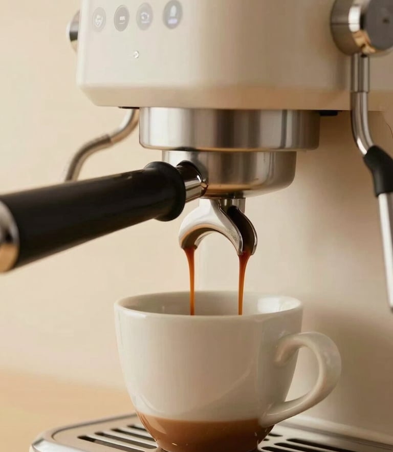 Close-up of a sleek metallic espresso machine pouring rich dark coffee into a ceramic cup, soft studio lighting, warm cream background, minimalist composition
