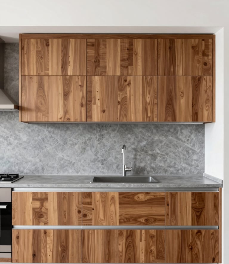 Straight-on eye-level elevation of a modern modular kitchen with warm walnut wood cabinets and slate grey aluminum profiles, bright natural daylight.
