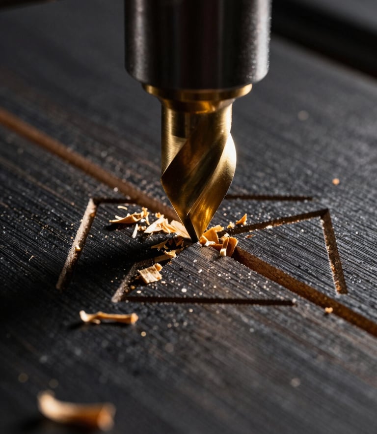Extreme macro close-up of a CNC router bit cutting clean geometric patterns into premium dark MDF, sharp focus on the wood grain and golden wood shavings, dramatic low-key studio lighting.