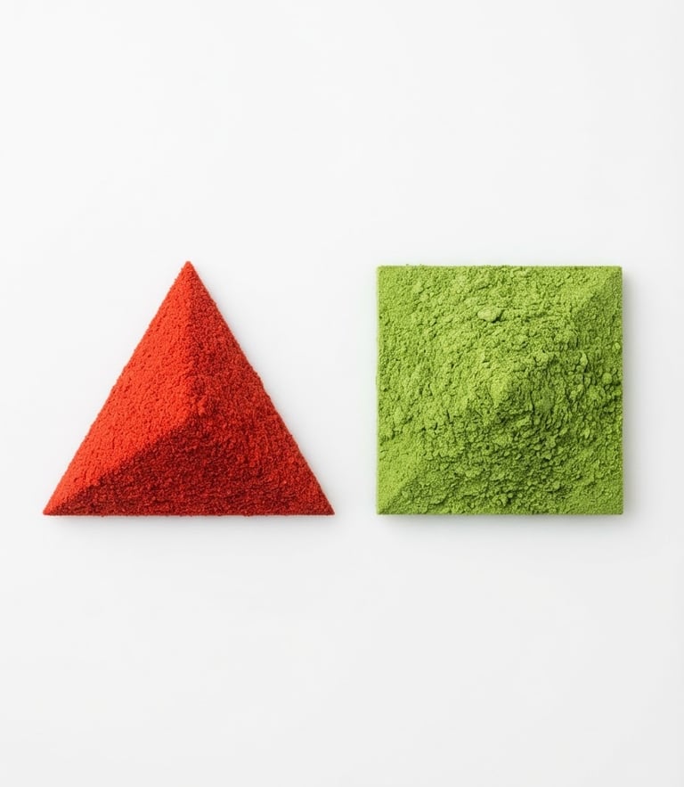 Macro product shot of vibrant red tomato powder and bright green spinach powder in clean geometric piles on a sterile white surface, bright studio lighting, high-key photography.