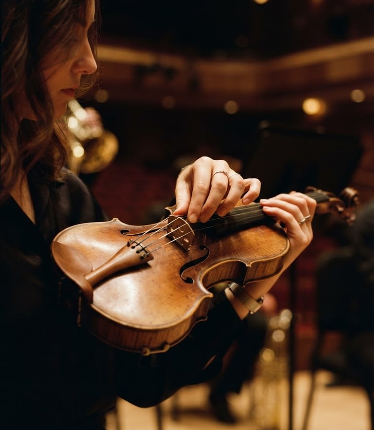 Intimate close-up of a young violinist's hands adjusting a wooden bridge, soft warm concert hall lighting, shallow depth of field, 35mm