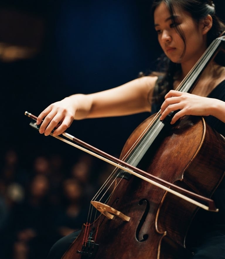 Intimate close-up of a young cellist's hands positioning a bow on strings, warm concert hall stage lighting, deep midnight blue background, shallow depth of field, 35mm