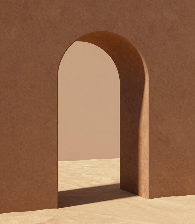 Abstract 3D render of a minimalist stone arch casting a sharp geometric shadow on a warm sand background, architectural depth, 8k