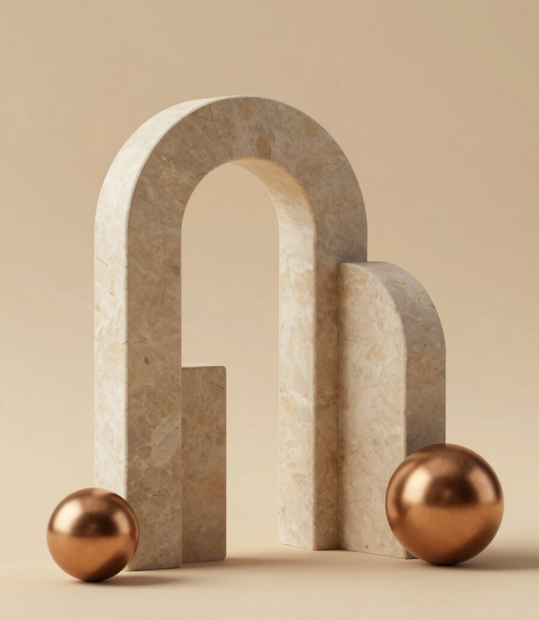 Abstract 3D render of minimalist geometric stone arches and bronze spheres, warm sand background, soft studio lighting, architectural depth, 8k