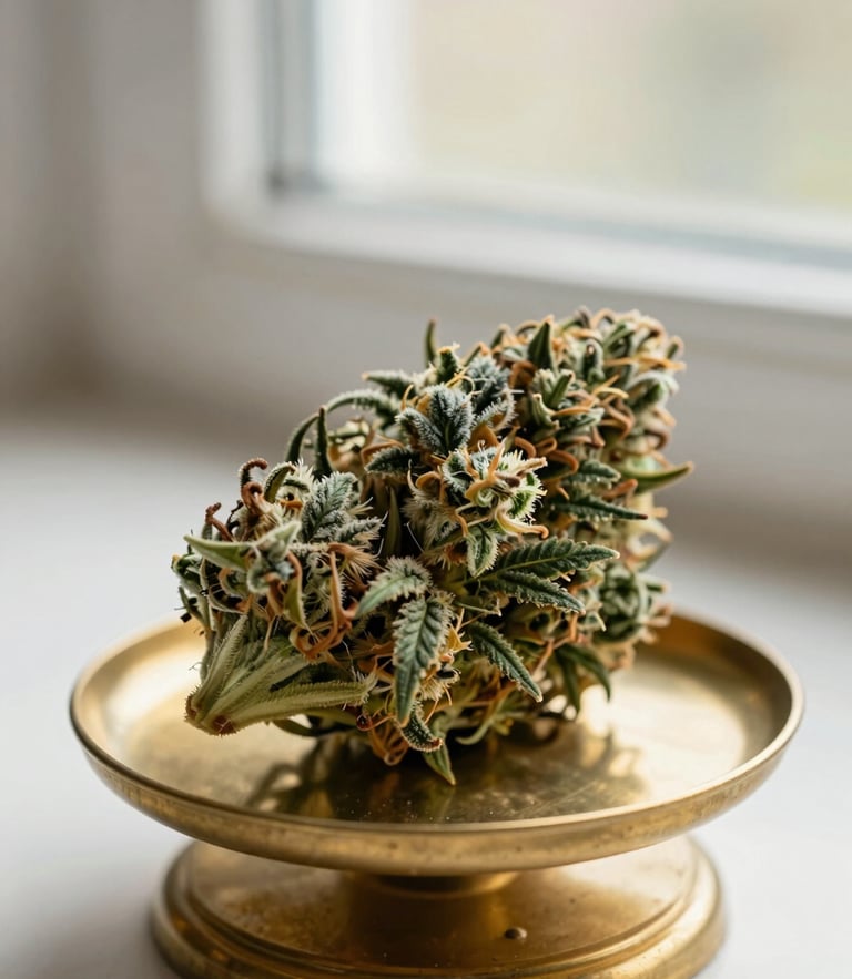 Macro photograph of a frosted, dense green cannabis bud resting on a brass apothecary scale, soft window light, shallow depth of field, 35mm style.