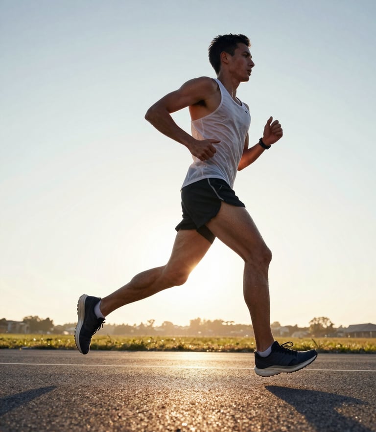 Dynamic low-angle shot of an amateur runner sprinting on asphalt during sunrise, sharp morning light, sweat on skin, shallow depth of field, 35mm