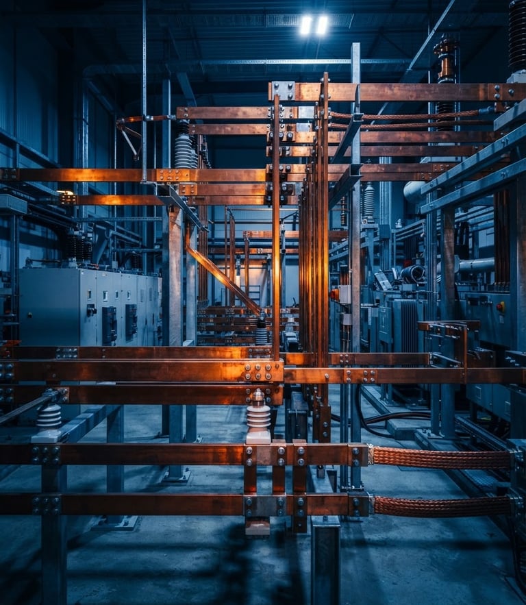 Sharp industrial photography of a massive copper electrobarra system inside a modern substation, dramatic technical lighting, deep blue ambient tones with warm orange highlights, crisp focus, 35mm
