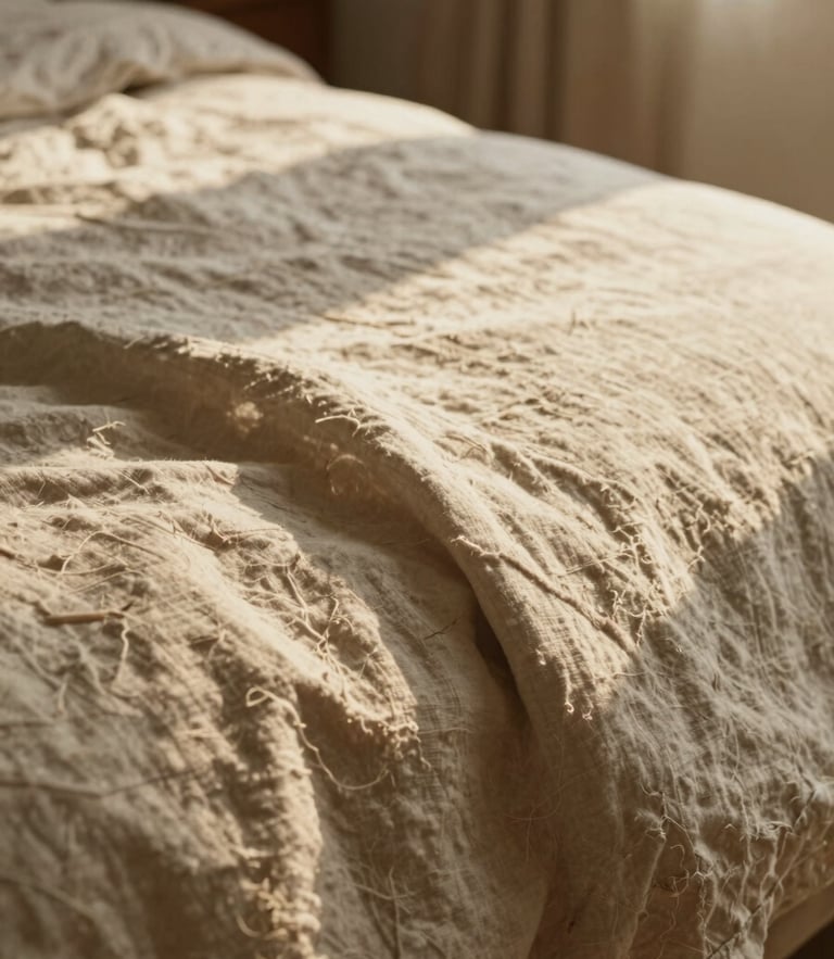 Close-up of warm linen textures in a sun-drenched room, soft golden-hour light, organic earthy tones, shallow depth of field, 35mm film aesthetic