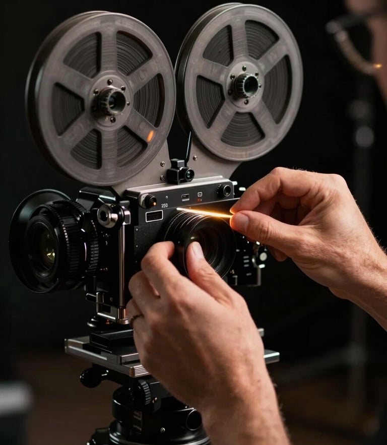 High-contrast close-up of a director's hands adjusting a 16mm film camera on a dark set, moody tungsten light leak, deep shadows.