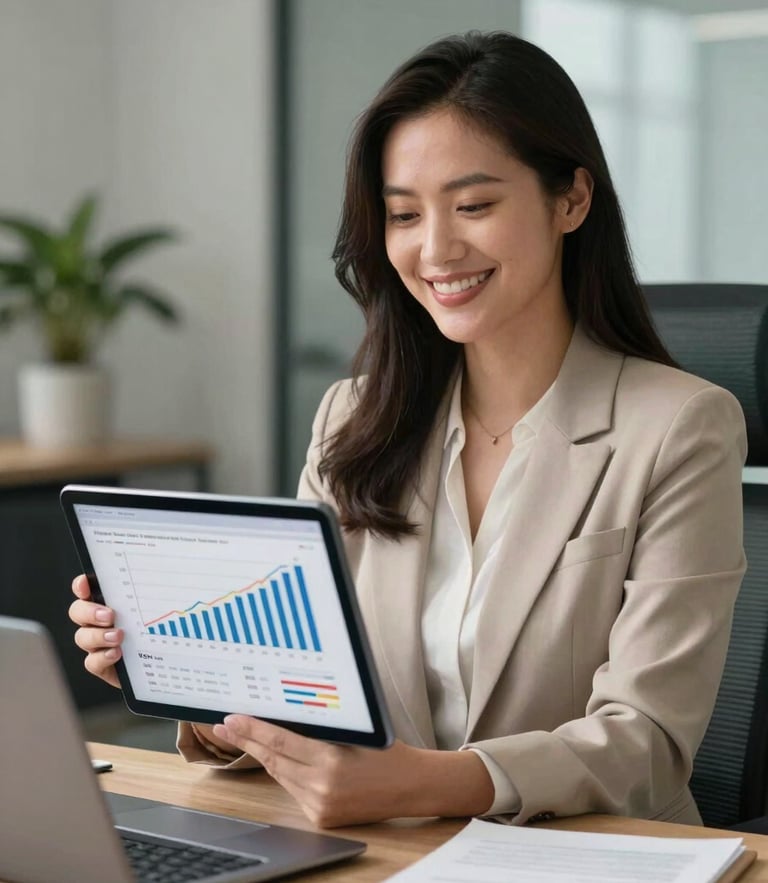 Enfoque medio de una profesional de finanzas sonriendo en una oficina iluminada por luz natural, sosteniendo una tableta que muestra gráficas de rendimiento claras, ambiente corporativo moderno y confiable.
