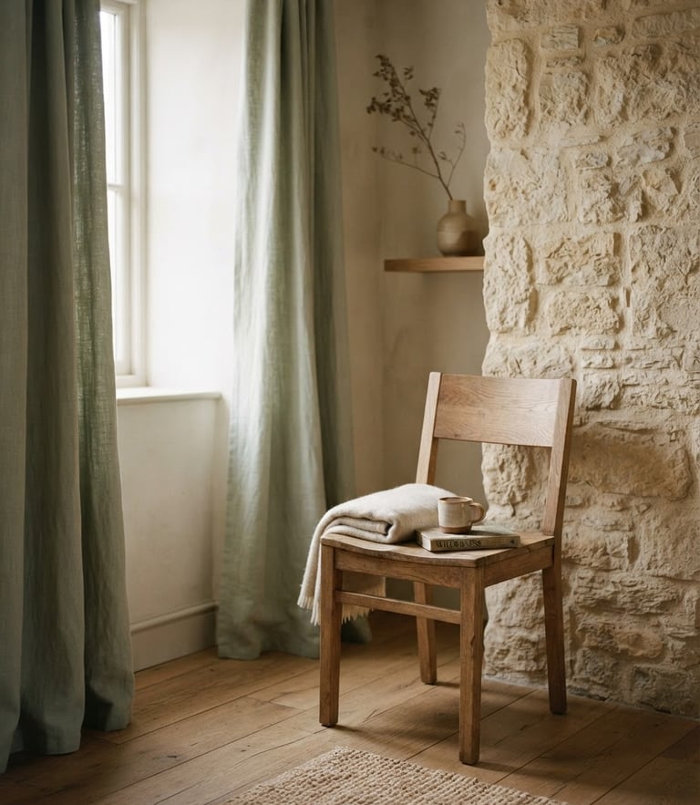 A quiet, minimalist sunlit room with soft sage curtains, a wooden chair beside a textured stone wall, diffused overcast daylight, warm editorial photography, 35mm.