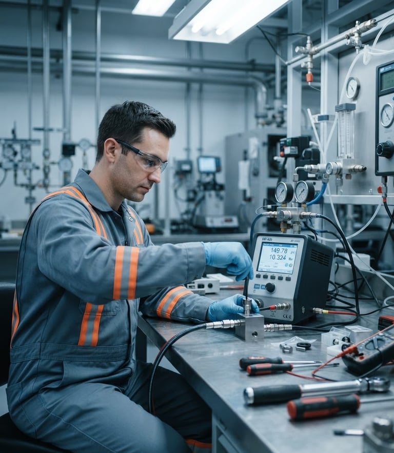 Close-up of an industrial technician in clean high-visibility gear calibrating a precision measurement instrument in a cool-lit midstream laboratory environment, sharp focus, desaturated steel blue tones