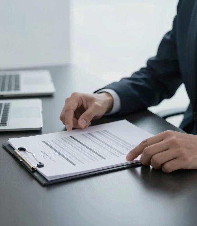 Close-up of a consultant's hands reviewing structured financial documents on a dark steel desk, cool diffused light, minimalist professional aesthetic