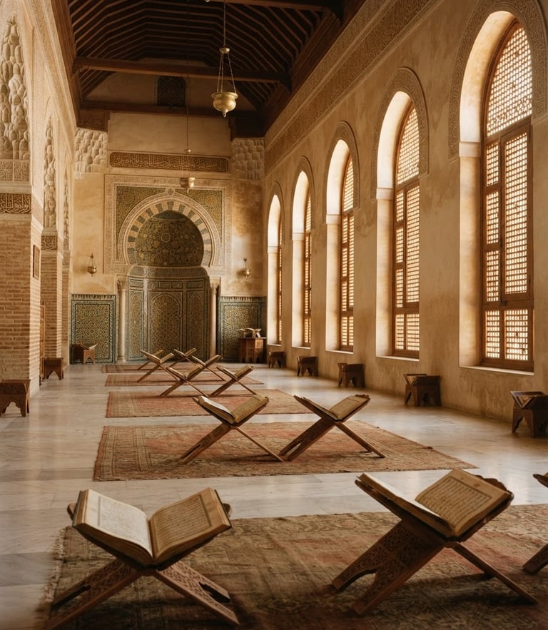 Warm architectural photography of a serene Islamic study hall, soft natural daylight filtering through arched windows, elegant geometric wooden bookstands, no people, 35mm