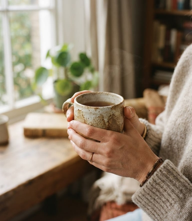 Warm editorial lifestyle photography, close-up of hands holding a textured ceramic mug in soft morning window light, gentle shadows, cozy domestic background, shallow depth of field, 35mm lens.