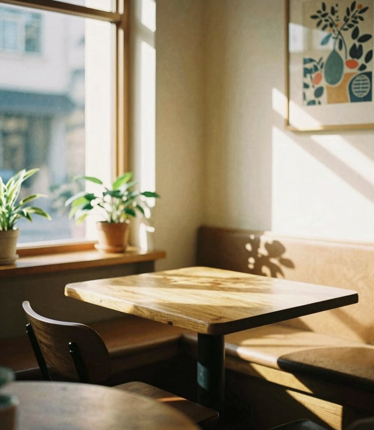 A cozy sun-drenched corner of a cafe with wooden tables, soft morning light streaming through windows, plants, and art on the walls, warm editorial photography, 35mm film