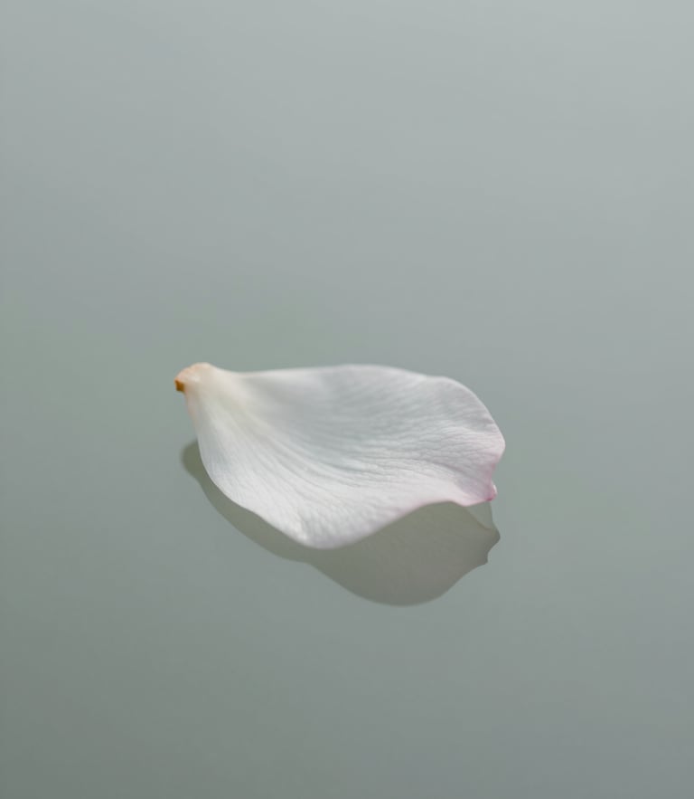 A close-up of a delicate white petal structure casting soft, clean shadows on a pale fog gray background, minimalist editorial photography, diffused overcast daylight.