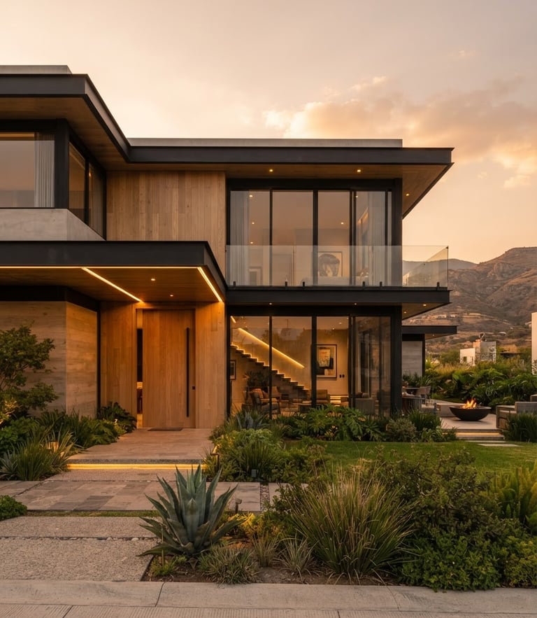 Warm architectural photography of a modern house facade in Real Madeira Pachuca, golden hour natural light, clean lines, 35mm lens