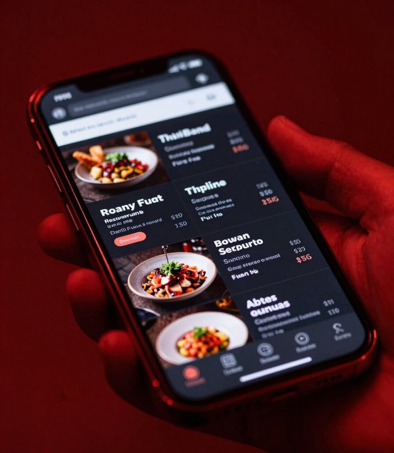Moody close-up of a modern smartphone displaying a sleek restaurant menu website, dramatic crimson red ambient backlighting, high-contrast dark charcoal tones, 35mm lens.