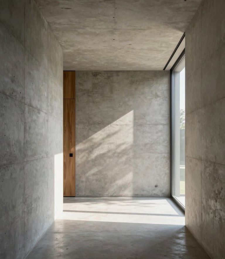 Minimalist architectural interior of a luxury Frankfurt villa, concrete walls, natural oak elements, soft morning light casting clean geometric shadows.