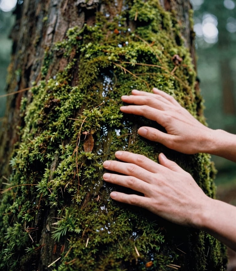 A close-up of hands gently touching damp moss on a massive cedar trunk, soft diffused Pacific Northwest overcast daylight, 35mm film
