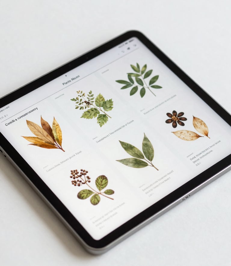 A clean digital tablet displaying clinical diagnostic charts and botanical medicine monographs, bright clinical lighting, flat-lay study setup.