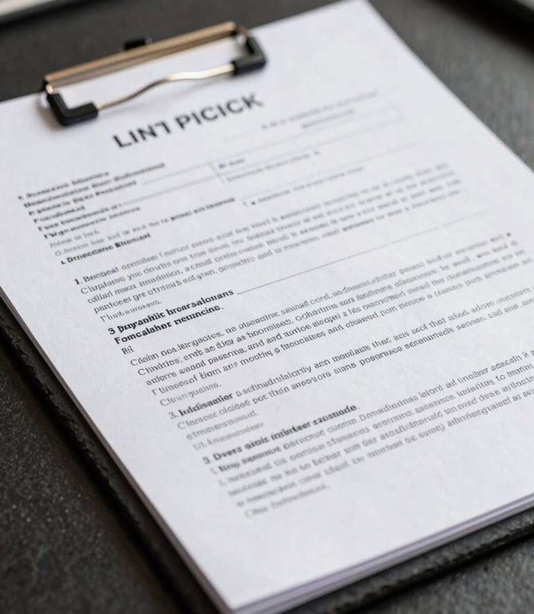 Macro shot of a clean, structured medical-legal brief resting on a dark slate desk, natural daylight, soft shadows, sharp focus on technical text.