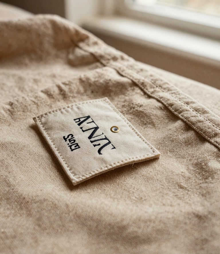 Close-up of a high-quality designer clothing label stitched onto fine beige linen fabric, warm natural window light, shallow depth of field, 35mm