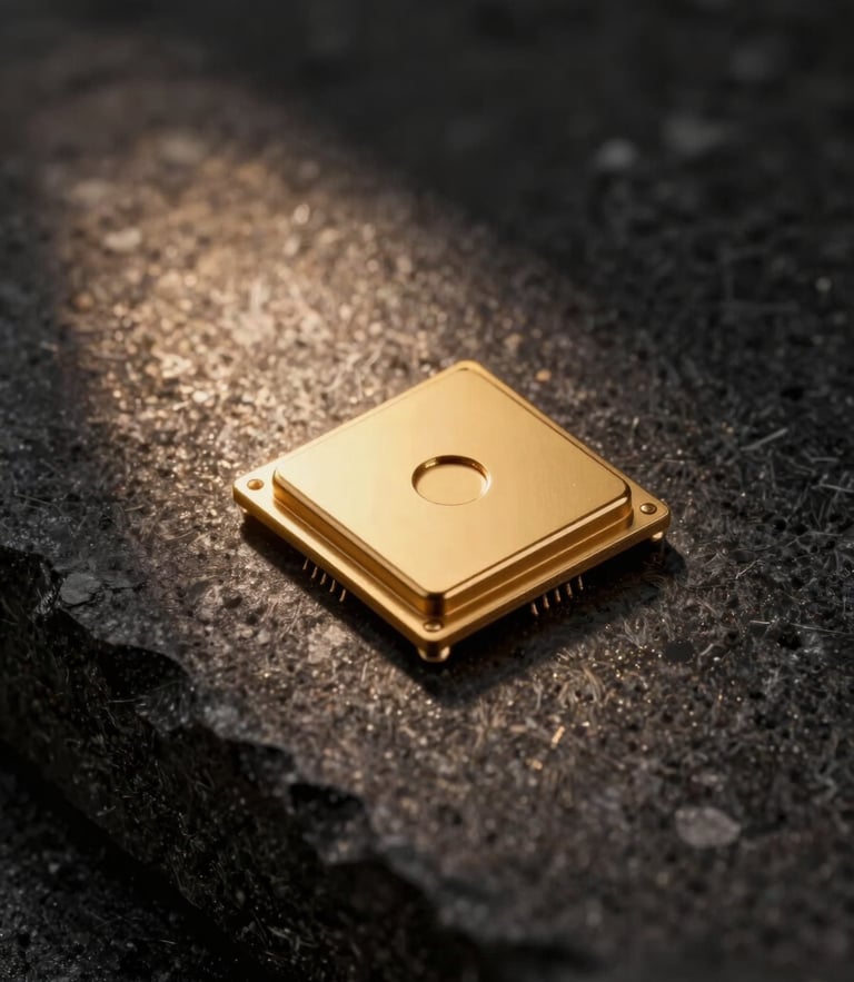 Extreme close-up of a warm gold sensor node seamlessly embedded into dark brushed basalt stone, a single soft beam of warm light highlighting the texture of the stone and the micro-ring of the sensor, atmospheric shadows.