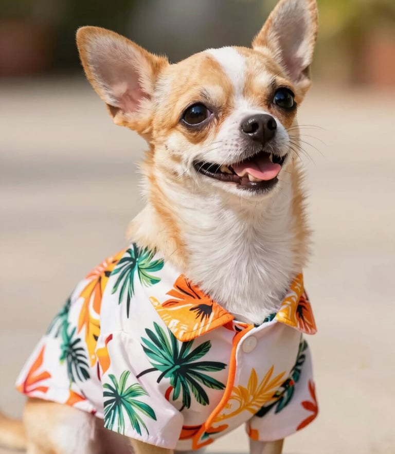 A happy small chihuahua wearing a colorful custom-tailored tropical shirt, looking up with bright eyes, warm natural daylight, soft background