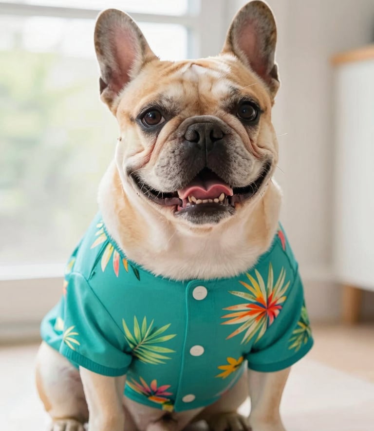 A happy French Bulldog sitting proudly in a bright room, wearing a vibrant tropical teal shirt that fits perfectly, warm natural daylight, eye-level shot