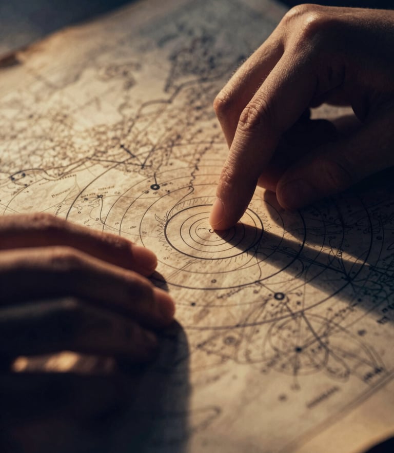 Macro close-up of two hands tracing overlapping celestial orbits on a heavy parchment map, warm golden-hour side lighting, deep navy shadows, editorial 35mm photography.