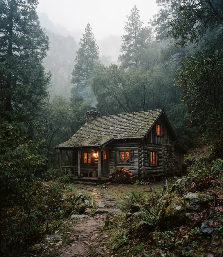 Atmospheric mountain cabin exterior, soft overcast daylight, misty forest of cypress trees, 35mm film photography