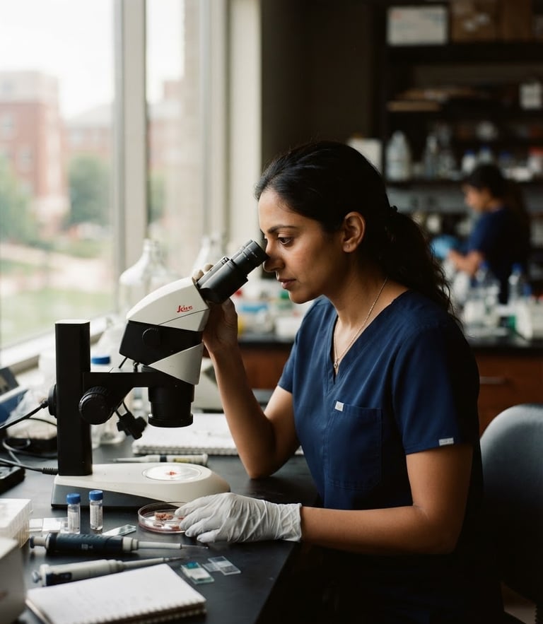 A focused researcher in a modern laboratory adjusting a microscope under soft natural window light, deep navy tones, shallow depth of field, 35mm