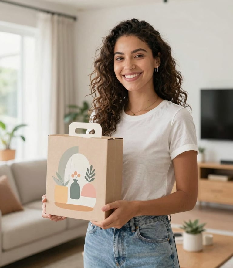 A happy young Brazilian woman smiling in a bright, modern living room holding a beautifully packaged home decor item, natural daylight, warm pastel tones, 35mm lens