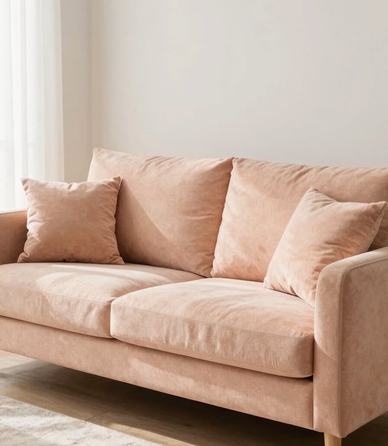Bright lifestyle photography of a cozy modern living room with warm pastel peach decor, soft natural daylight, clean interior background