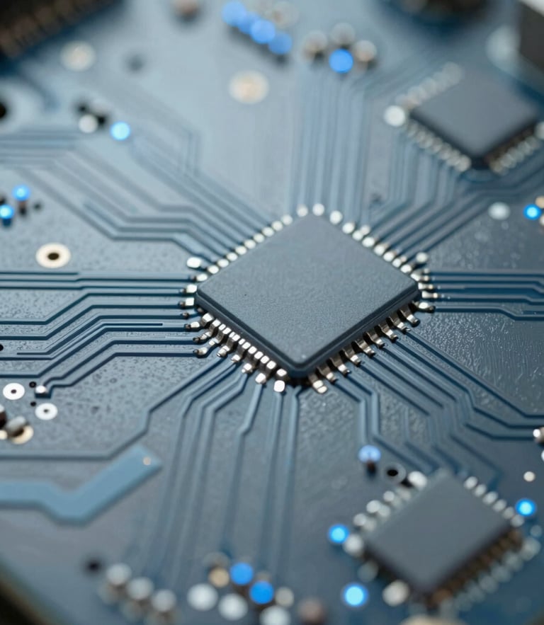 Macro detail shot of a custom-engineered circuit board with clean silicon traces and blue indicator LEDs under cool diffused daylight.