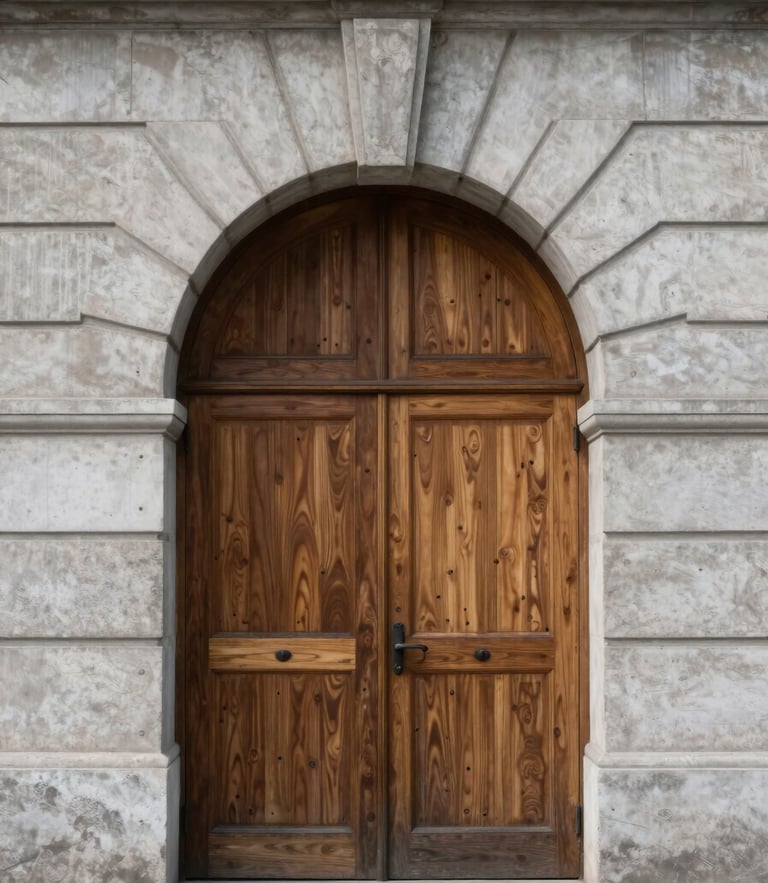 Straight-on architectural elevation of a restored stone archway meeting clean concrete, natural diffused daylight, sharp focus, 35mm