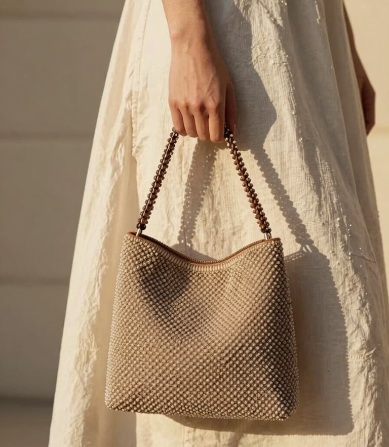 Elegant close-up of a woman in a cream linen dress holding a neutral beaded handbag, warm golden-hour sunlight casting soft shadows, 35mm photography