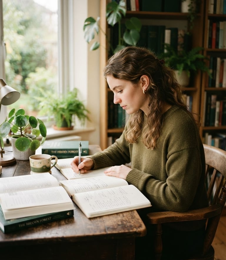Focused student in a warm, well-lit study space, soft natural window light, shallow depth of field, 35mm