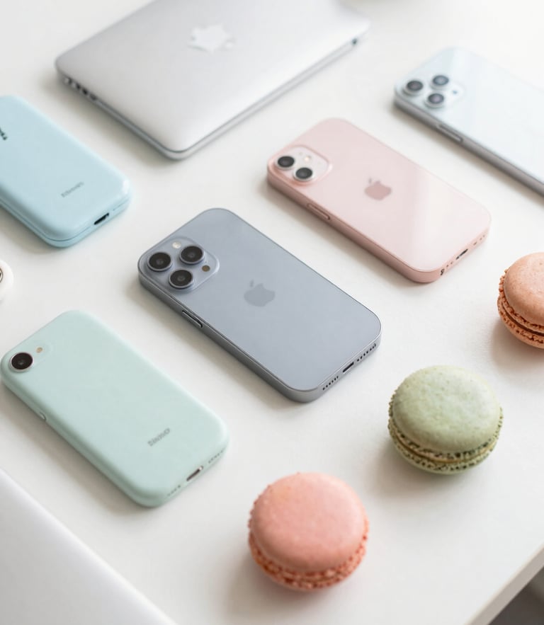 A bright overhead shot of neatly arranged pastel-colored tech devices on a clean white desk, soft daylight, 35mm