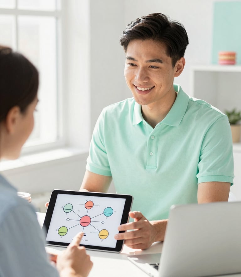 Bright high-key editorial photo of a friendly IT consultant in a soft mint green polo shirt, explaining a network diagram on a tablet to a local business owner in a sunlit Des Moines office, pastel colors, 35mm