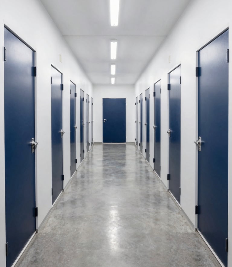 Symmetrical straight-on wide-angle shot of a bright, clinical storage corridor with clean navy doors, high-key overhead lighting, and reflective polished concrete floors.
