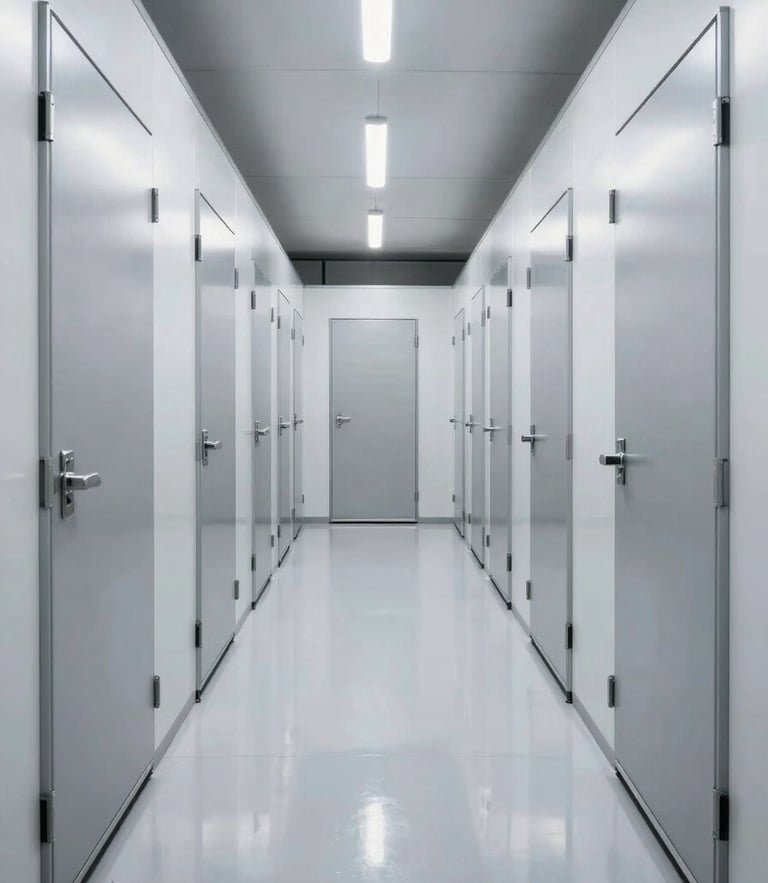 Bright symmetrical storage unit corridor with clean steel doors, high-key overhead lighting, reflective floor, sharp focus, 24mm wide-angle lens