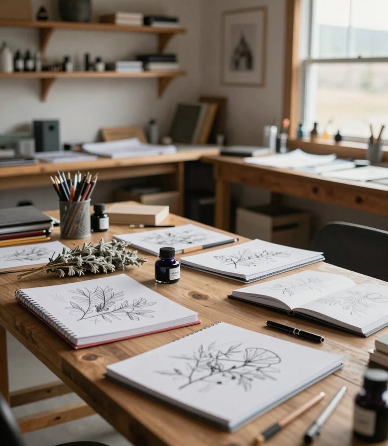 Interior of a rustic Wyoming design studio, natural wood tables covered in sketchbooks, ink bottles, and dried sagebrush branches, soft afternoon light.