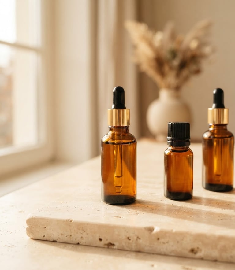 Minimalist product photography of Dellisi amber glass bottles on a smooth travertine stone, soft morning window light, warm cream and neutral tones, shallow depth of field, 35mm