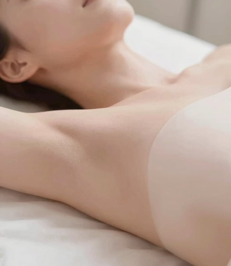 Close-up of glowing skin, soft-focus aesthetic medicine, warm diffused daylight, muted dusty rose tones