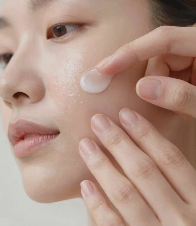 Soft-focus editorial photography, warm diffused daylight, macro shot of a gentle hand applying a delicate facial serum to glowing, healthy skin, shallow depth of field.