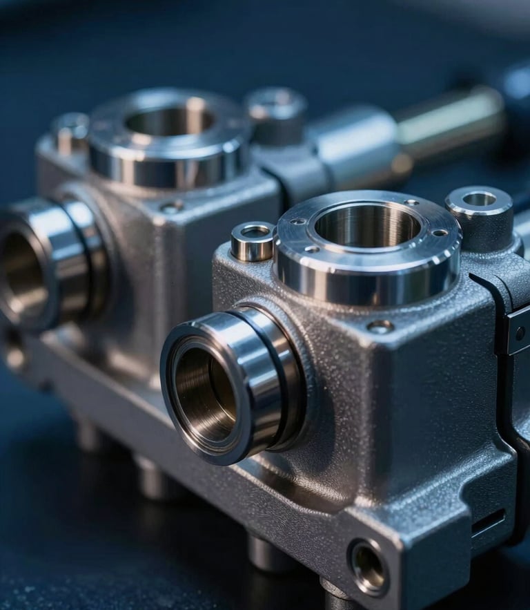 Macro close-up of high-pressure hydraulic pump valves, dramatic side-lighting emphasizing metallic steel reflections and sharp industrial edges, deep navy and steel tones, crisp focus, 50mm